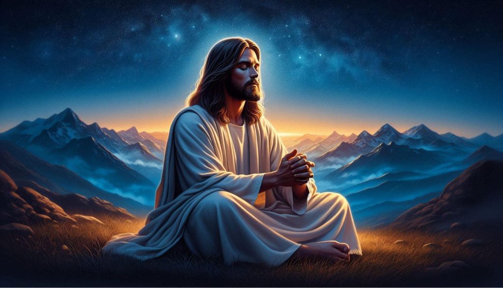 Jesus praying peacefully at dawn in the mountains